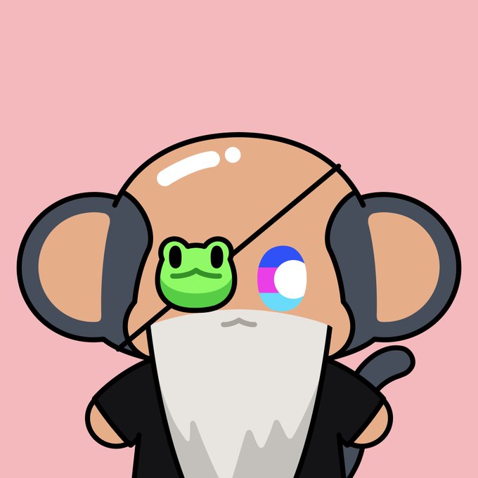 A cartoon chimp character with mismatched eyes (a green frog and a bi-flag symbol) wearing a black robe stands against a pink background, representing the Chimpers NFT collection featured in the post.