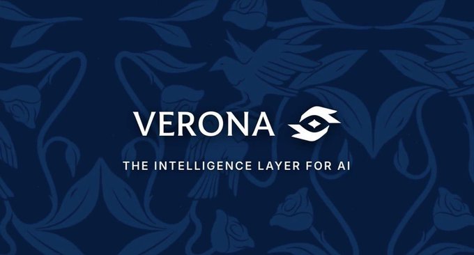 The image displays a branded graphic for "VERONA" with the tagline "THE INTELLIGENCE LAYER FOR AI" set against a dark navy blue background featuring subtle decorative illustrations of birds and foliage. The graphic serves as a visual identifier for Verona, the platform highlighted in the post discussing Burnt's revenue-sharing partnership and on-chain verification integration.