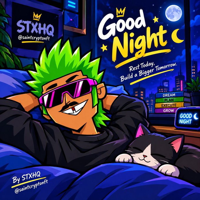 A colorful cartoon illustration with the text 'Good Night - Rest Today, Build a Bigger Tomorrow' by artist STXHQ (@saintcryptonft), featuring a character with green hair and sunglasses with a sleeping cat.
