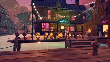 A cozy evening scene depicts a pier and wooden building decorated with string lights, where small figures gather outside what appears to be a 'BAIT' shop.