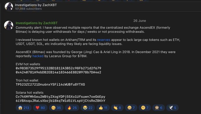 A screenshot of a community alert tweet by Investigations by ZachXBT on June 26, warning that the centralized exchange AscendEX (formerly Bitmax) is delaying user withdrawals for days/weeks, with its hot wallets appearing to lack major tokens like ETH, USDT, and SOL, signaling liquidity issues.