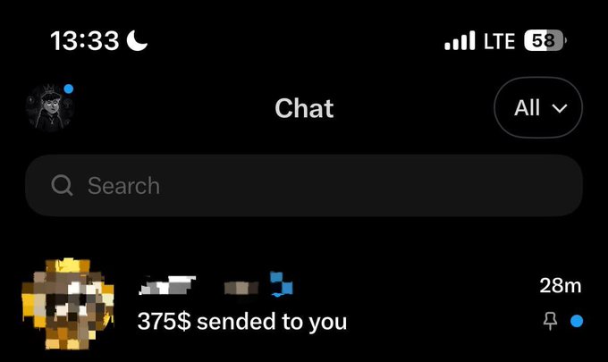 A chat notification indicating "375$ sended to you" from a contact 28 minutes ago, with a Nigerian Pidgin caption "Dev wey no sabi English   gbewa" suggesting humor about a developer receiving money despite language barriers.