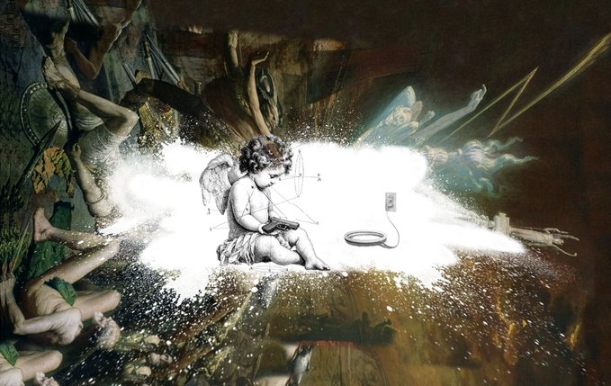 A surreal collage blending classical art figures with a cherub playing a video game controller, surrounded by white foam-like splashes and scattered electronic cables.