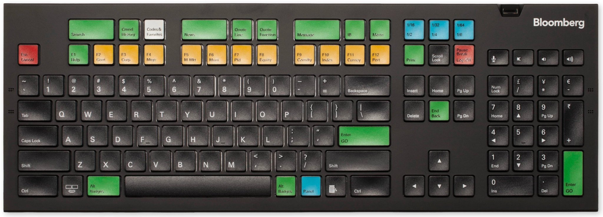 A Bloomberg-branded financial keyboard with color-coded keys for functions like Search, News, Quote, Messages, and market categories.