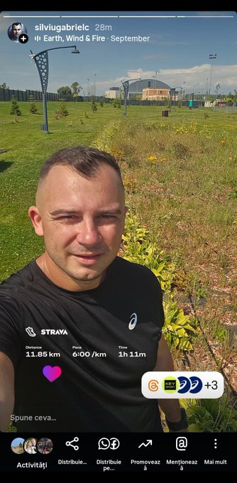 A selfie of "silviugabrielc" taken during a 11.85 km run with the song "Earth, Wind & Fire - September" playing, showing Strava stats of 6:00/km pace over 1h 11m, likely documenting his #STEPNEMBER5 STEPN/STEPNGO activity for the day.