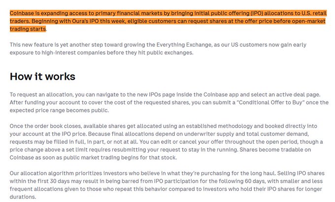 Coinbase announces expanded IPO access for U.S. retail traders, with the first allocation opportunity starting with Oura's IPO, allowing eligible customers to request shares at the offer price before open-market trading begins via a "Conditional Offer to Buy" on a new IPOs page.