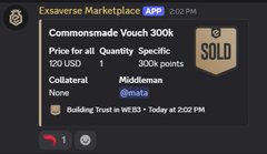 An Exsaverse Marketplace notification showing a Commonsense Vouch sold for 120 USD with the collateral being 'Middleton'.