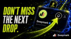 An advertisement with the text 'DON'T MISS THE NEXT DROP.' showing a smartphone displaying a 'Swaymark' music NFT marketplace app.