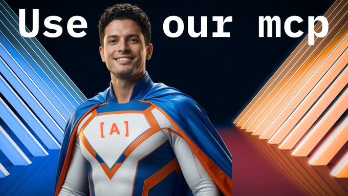 A promotional image showing a smiling man in an orange and blue superhero-style costume with '[A]' on his chest, accompanied by the text 'Use our mcp' at the top.