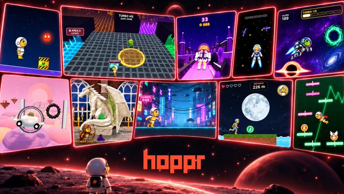 A promotional banner for 'hoppr' featuring a grid of various colorful mini-games including space shooters, platformers, and racing games set against a red planet and starry space background.