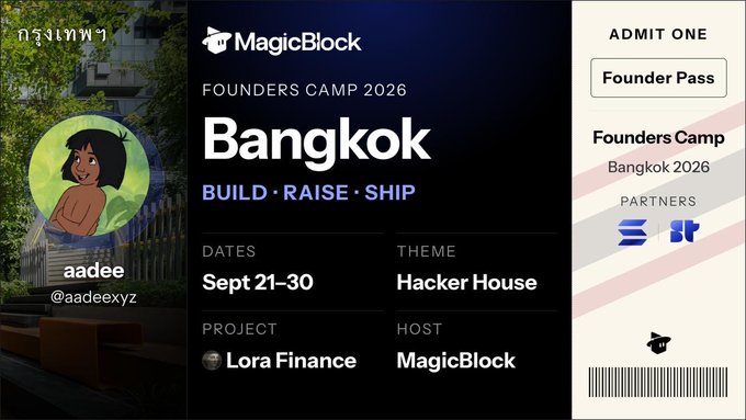A promotional graphic for 'MagicBlock Founders Camp 2026 Bangkok' event, with dates Sept 21-30, theme 'Hacker House', featuring user 'aadee @aadeexyz' and partners Lora Finance.