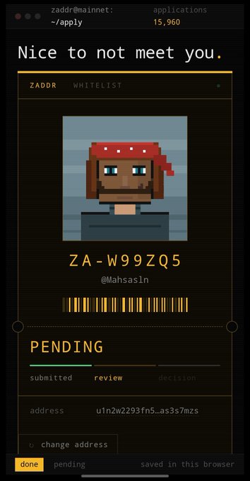 A screenshot of a whitelist application for 'ZADDR' showing a pixel art pirate avatar with the username 'Mahsasln' and code 'ZA-W99ZQ5' in pending status.