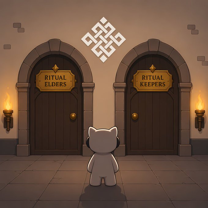 A curious white cat-like figure stands before two arched wooden doors labeled "RITUAL ELDERS" and "RITUAL KEEPERS," with an eternal knot symbol above, symbolizing the project's choice between continuing its journey with Ritual or transitioning to Robinhood Chain as teased in the post.