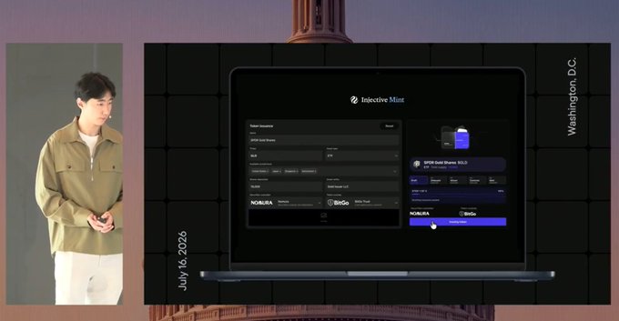 A man stands on stage next to a large screen displaying the 'Injective Mint' interface; text indicates 'Washington, D.C.' and 'July 16, 2026'.