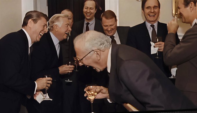 A group of older men in suits share a hearty laugh and toast with drinks at what appears to be a formal gathering. 

The image humorously contrasts the post's "crypto success" narrative with wealthy businessmen celebrating, highlighting the irony of claiming financial victory with $21 in crypto while surrounded by images of actual affluence and success.