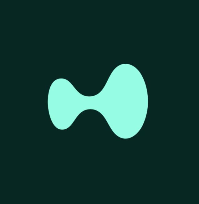 A minimalist design featuring a light teal abstract bow-tie or dumbbell-shaped logo centered on a dark green background.