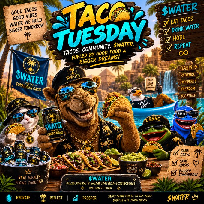 A colorful, cartoon-style promotional image titled 'TACO TUESDAY' for '$WATER' features anthropomorphic animals including a bear, cat, penguin, and frog wearing $WATER merchandise, surrounded by tacos, checklists, and the contract address '0xe26505e856f81ee6a85d433e2ac3c3516c676a5' on the BNB Smart Chain.
