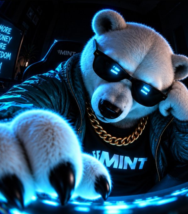 A stylized 3D rendered bear wearing dark sunglasses and a gold chain necklace, wearing a black shirt with 'MINT' text, sitting in a gaming chair with blue lighting.