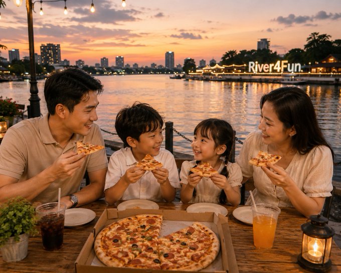 iced tea and soda accompany a pizza feast on a wooden table, with the River4Fun sign visible in the background.