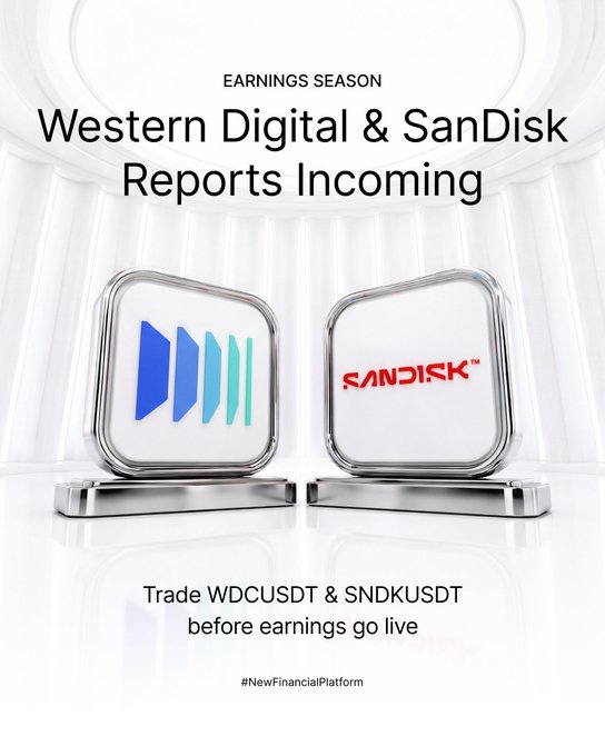 A promotional graphic featuring the Western Digital and SanDisk logos on illuminated podiums, with text announcing "Earnings Season" and inviting viewers to "Trade WDCUSDT & SNDKUSDT before earnings go live," directly supporting the post's call to trade these tickers on Bybit ahead of tomorrow's earnings reports.