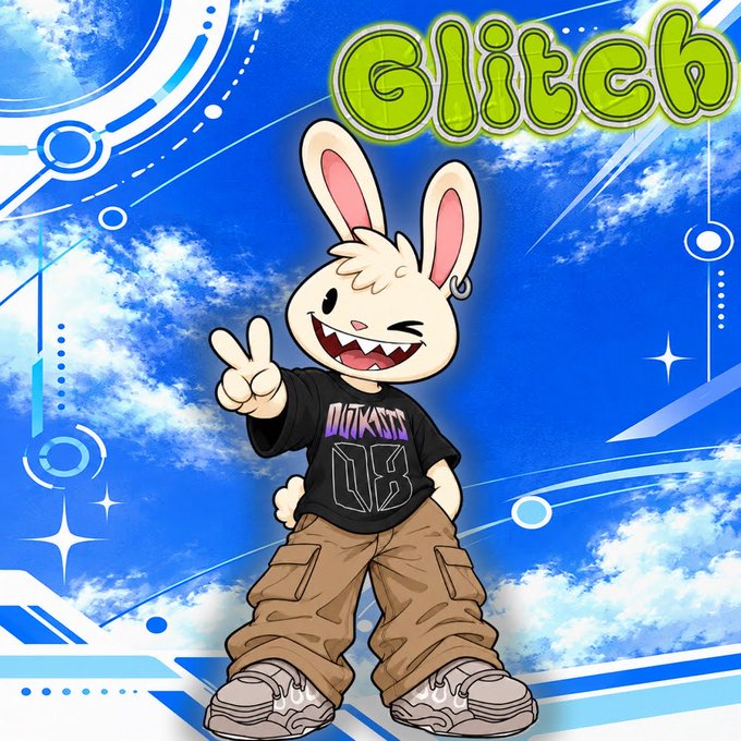 An animated white rabbit character named Glitch, identified in the text as a 1/1 NFT sidekick joining the OutKasts in the town of Pine Falls, strikes a peace sign and winks while wearing a black "OutKasts" jersey, baggy cargo pants, and chunky sneakers against a bright blue, Y2K-aesthetic sky background.