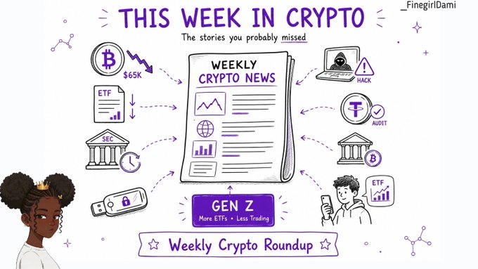 An illustrated graphic titled "This Week in Crypto - Weekly Crypto Roundup" by FinegirlDami, highlighting stories including Bitcoin at $65K, ETFs, SEC regulations, a hack, and audit news.