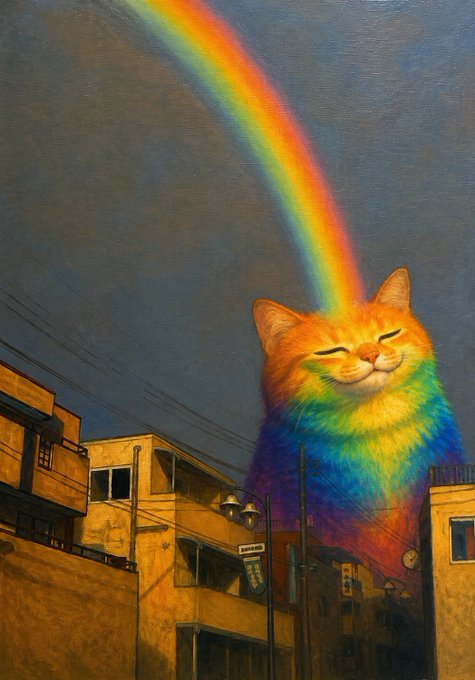 An artistic painting of a giant smiling cat with a rainbow shooting out of its head, towering over a dimly lit Japanese cityscape at night.