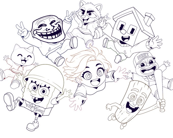A black-and-white line art illustration features a group of expressive meme characters—including a trollface, a Shiba Inu, Happy Cat, Doge, and a figure wearing a "NEET" cap—arranged joyfully around a central smiling character. This playful poster art ties directly to the creator's shoutout, showcasing the meme-inspired illustration meant for "meme madness."