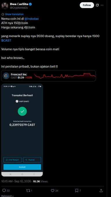 A tweet by Don Carlito discusses Nemo coin ($CAST) with an ATH of 150 rupiah/coin, currently at 4 rupiah/coin, featuring a screenshot showing a successful transaction of 0.23975579 $CAST at $1.29, which matches the post's context of calculating a small coin purchase amount at a $1.20 price point.