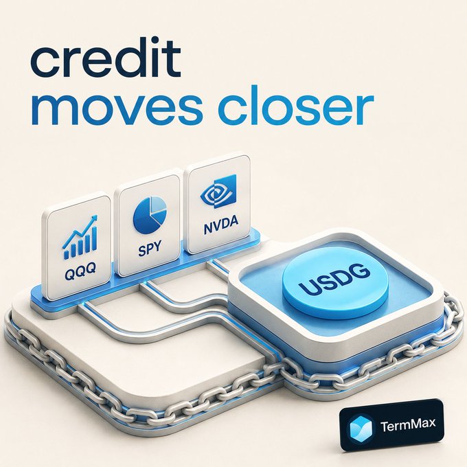 A 3D graphic for TermMax with the text 'credit moves closer,' showing interconnected modules labeled QQQ, SPY, NVDA, and a USDG token linked by chains.