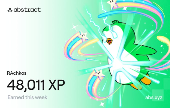 A green digital graphic features a white cartoon character surrounded by rainbow rings, with the text 'abstract', 'RAchkos', '48,011 XP', 'Earned this week', and 'abs.xyz'.