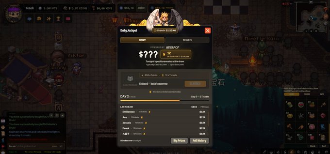 A screenshot from the game Melvor Idle showing the Daily Jackpot interface displaying a $$$$ x12 MESSAGE reward, with Day 2 rewards listed below and gameplay elements visible in the background.