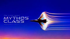 The image shows the "MYTHOS CLASS" logo with a jet soaring through a colorful sky, likely representing the "awwws level website on LCDs" prompt. Grok generated this visual in 3 minutes with a 4.5 xhigh score.