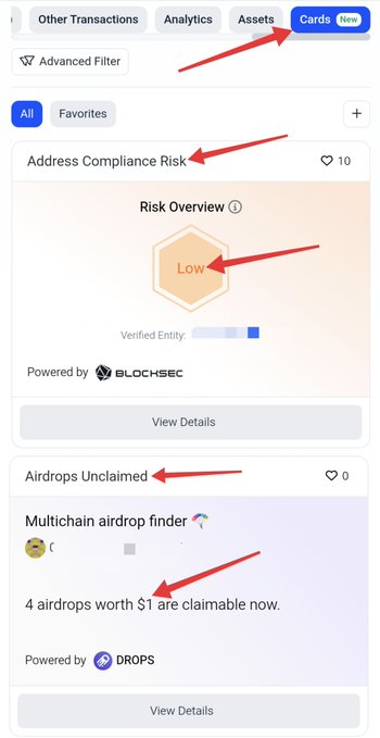 A mobile app screenshot showing the 'Cards' tab with arrows pointing to features including 'Address Compliance Risk' (powered by BLOCHSEC) and 'Airdrops Unclaimed' indicating 4 airdrops worth $1 are claimable (powered by DROPS).