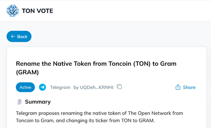 The image shows a post that reads "GRAM Revival Do you know about TON'S early days? A vote is being held to change the name of Toncoin to Gram" with a blue background, white text, and a small image of a coin on the right side. The post appears to be related to a discussion or decision-making process involving the name of a cryptocurrency called Toncoin.