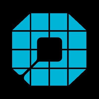 A teal octagonal pixel-art logo featuring a grid pattern with a dark rounded square and diagonal slash in the center, set against a black background.