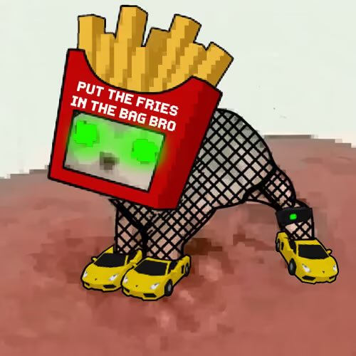 A surreal cartoon of a McDonald's fries box character with a green screen face, wearing fishnet stockings and yellow sports car shoes, labeled 'PUT THE FRIES IN THE BAG BRO'.