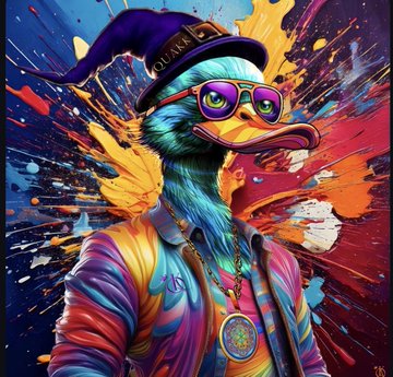 A vibrant, stylized digital illustration depicts a teal ostrich-like character wearing a purple jester hat, sunglasses, a colorful jacket, and a large medallion against a splattered paint background.