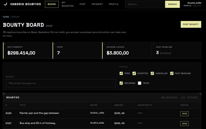 Screenshot of the VanGrid Bounties 'Bounty Board' page showing 7 open bounties on Base with $298,414.00 in settlements, including bounties #588 'Planter pair and the gap between' and #587 'Bus stop and 20m of footway' both with OPEN status.