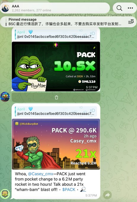 A chat conversation in the "AAA" group (2,262 members) shows two promotional graphics for the $PACK token, displaying gains of 10.9x and 21x respectively, supporting the post's claim about early buyers profiting significantly as the token trended upward.