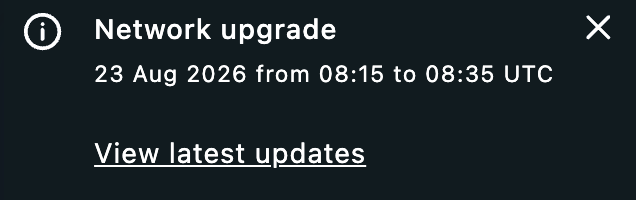 A notification banner displays "Network upgrade" scheduled for "23 Aug 2026 from 08:15 to 08:35 UTC" with a "View latest updates" link, relating to upcoming changes on the Hyperliquid ($HYPE) platform.