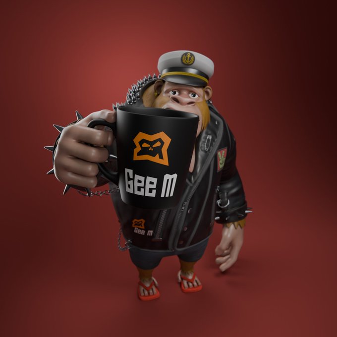 3D illustration of a punk monkey character in a spiked black leather jacket holding a black mug that reads 'Gee M' with a star logo, set against a red background.