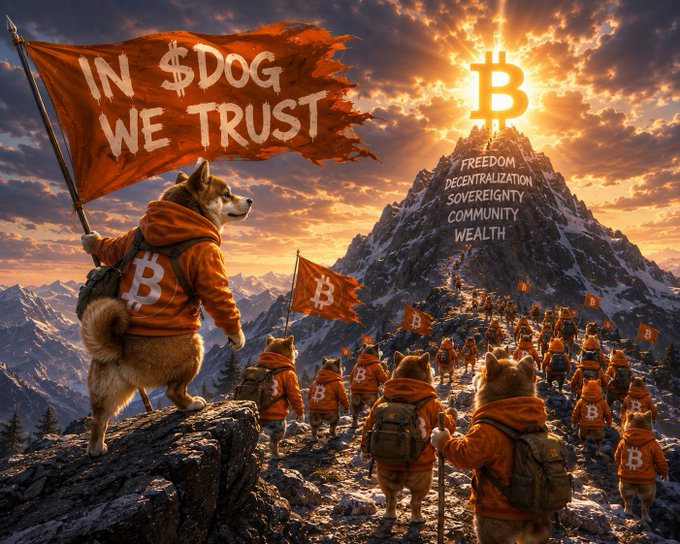 An AI-generated image showing an army of Shiba Inu dogs in orange Bitcoin-branded outfits marching up a mountain toward a glowing Bitcoin symbol, with a leading dog holding an 'IN $DOG WE TRUST' flag.