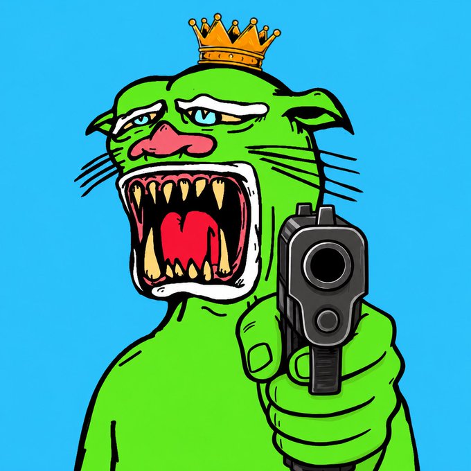 A cartoon-style illustration shows a fierce green creature with sharp teeth, wearing a gold crown, and pointing a handgun directly at the viewer against a bright blue background.