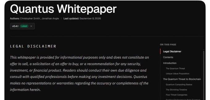 A screenshot of the 'Quantus Whitepaper' document showing the legal disclaimer, authored by Christopher Smith and Jonathan Angle, last updated September 8, 2026.