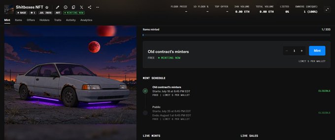 An NFT marketplace page for 'ShitBoxes NFT' showing a pixel art car with neon purple underglow at sunset, with an active mint for 'Old contract's minters' at 0.02590 ETH.