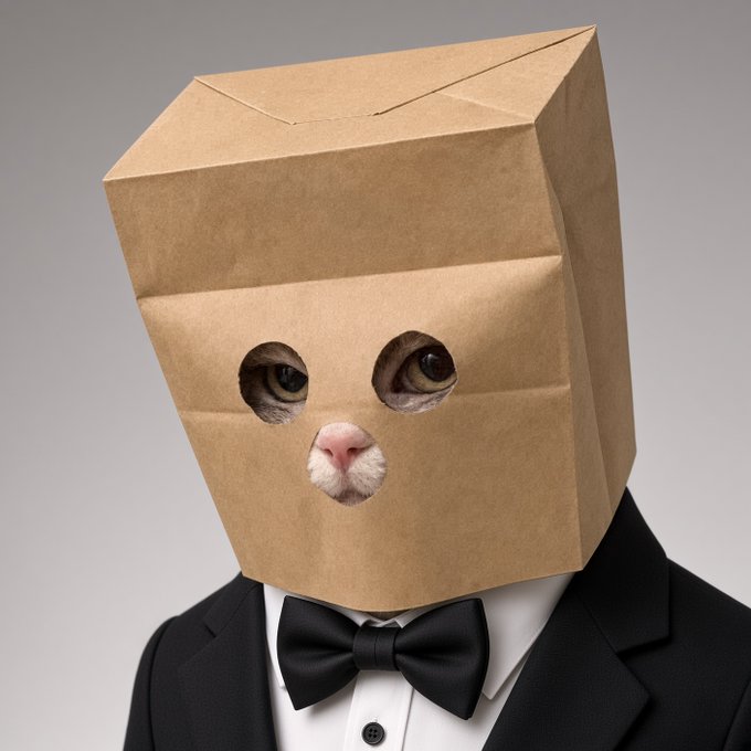 A cat with eyes and a pink nose peeking through holes in a brown paper bag worn over its head, dressed in a black tuxedo with a bow tie.