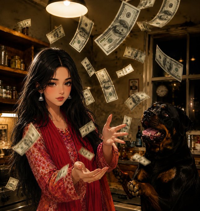 A stylized illustration of an anime-style woman with long black hair in a red dress catching falling hundred-dollar bills, accompanied by a Rottweiler dog in a warmly lit room.