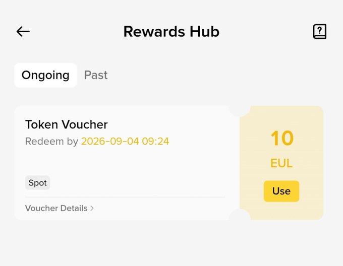 A Rewards Hub interface showing an Ongoing Token Voucher redeemable by 2026-09-04 09:24 for 10 EUL in the Spot category with a yellow Use button.