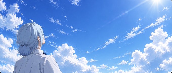 Anime-style illustration of a character with short light blue hair viewed from behind, gazing up at a bright blue sky filled with white clouds.